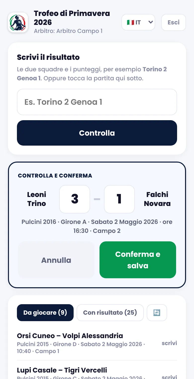 Pagina dell’arbitro sul telefono