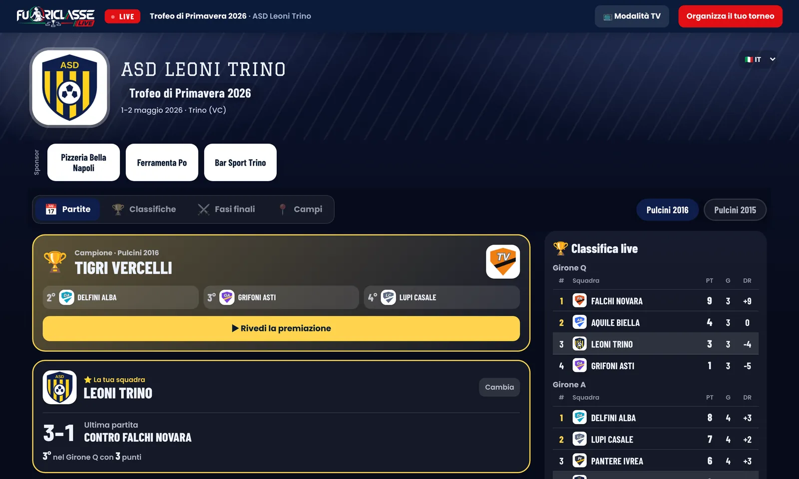 Pagina del torneo sul computer