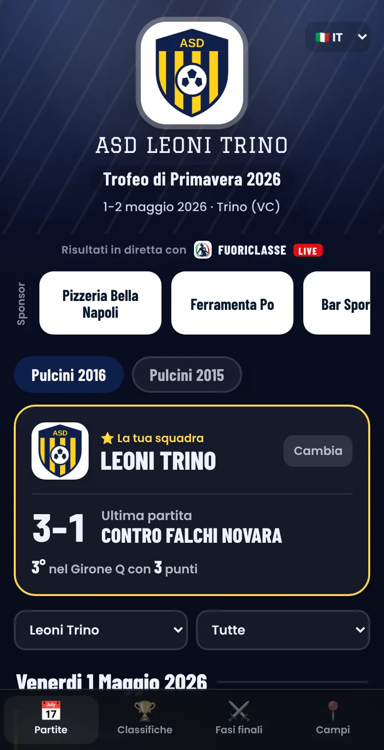 Pagina del torneo sul telefono di un genitore: la sua squadra, l'ultima partita e la classifica